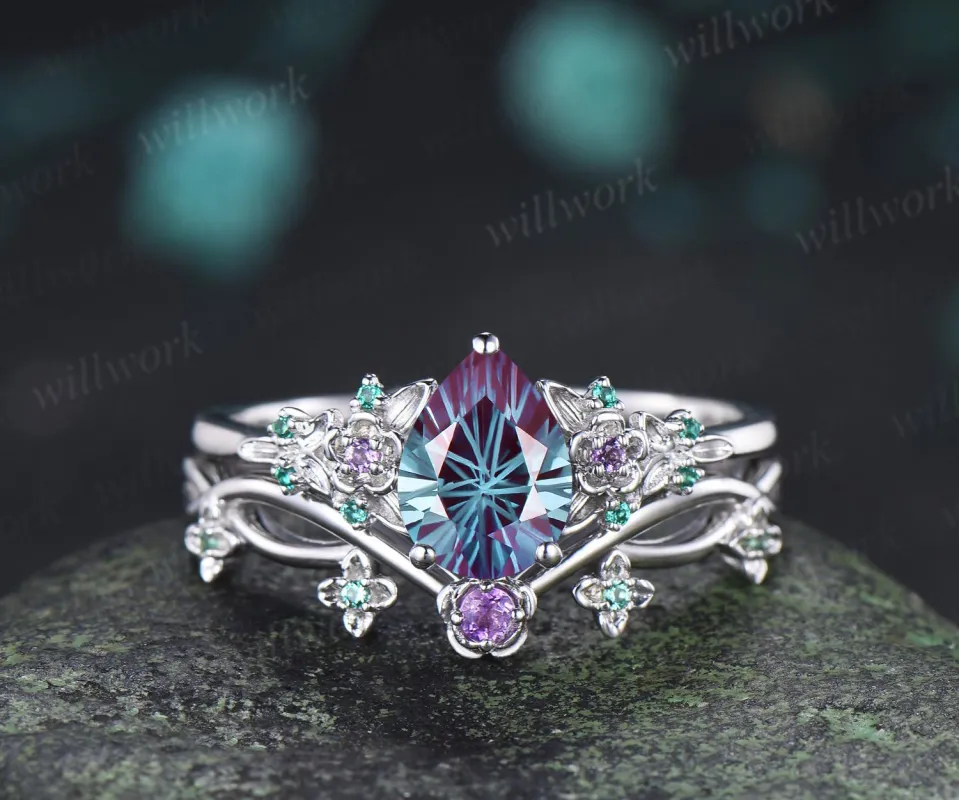 Teardrop pear fireworks cut alexandrite engagement ring 14k white gold floral leaf emerald wedding bridal ring set anniversary gift made by Willwork Jewelry