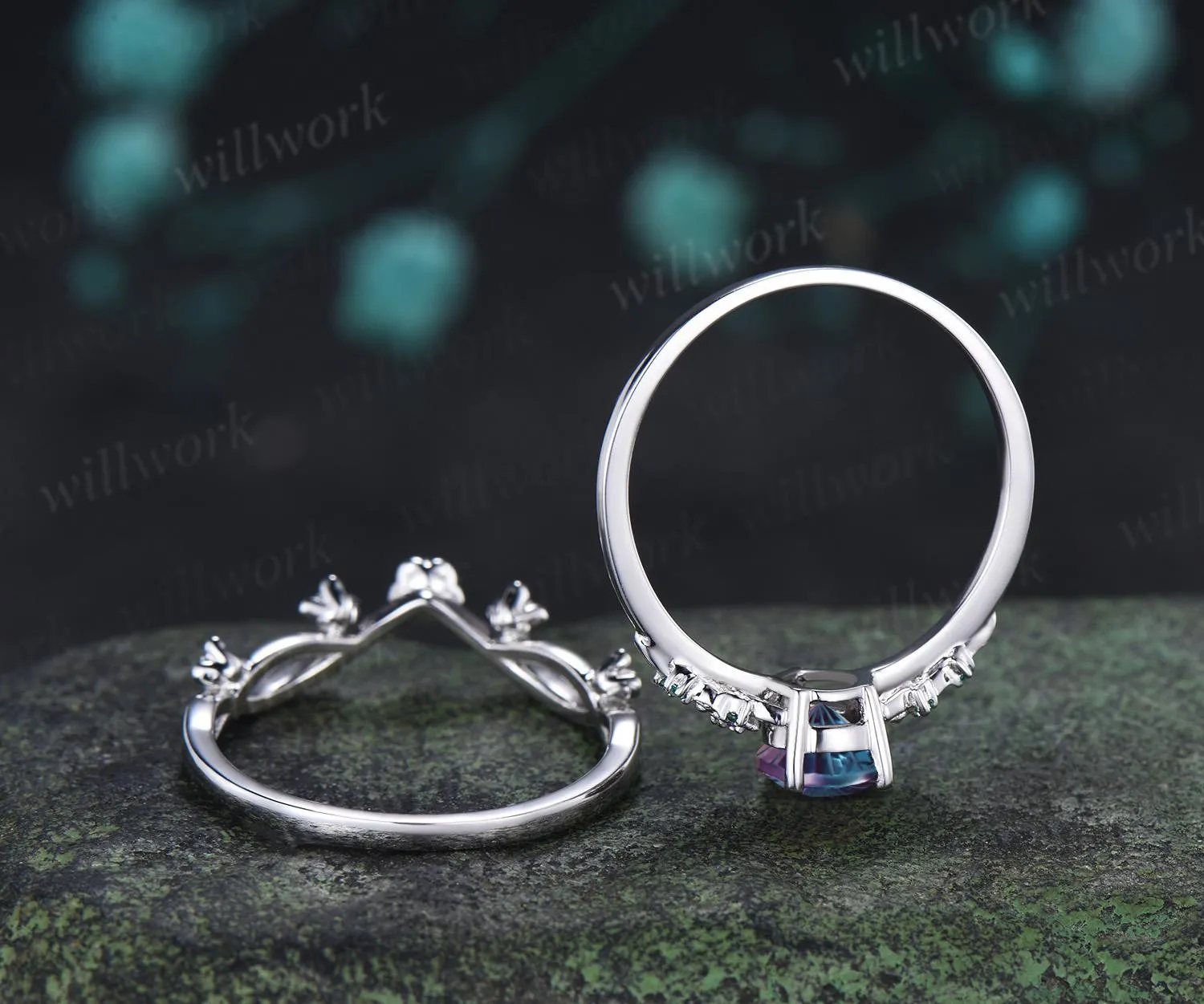 Teardrop pear fireworks cut alexandrite engagement ring 14k white gold floral leaf emerald wedding bridal ring set anniversary gift sold by Willwork Jewelry product image thumbnail 5
