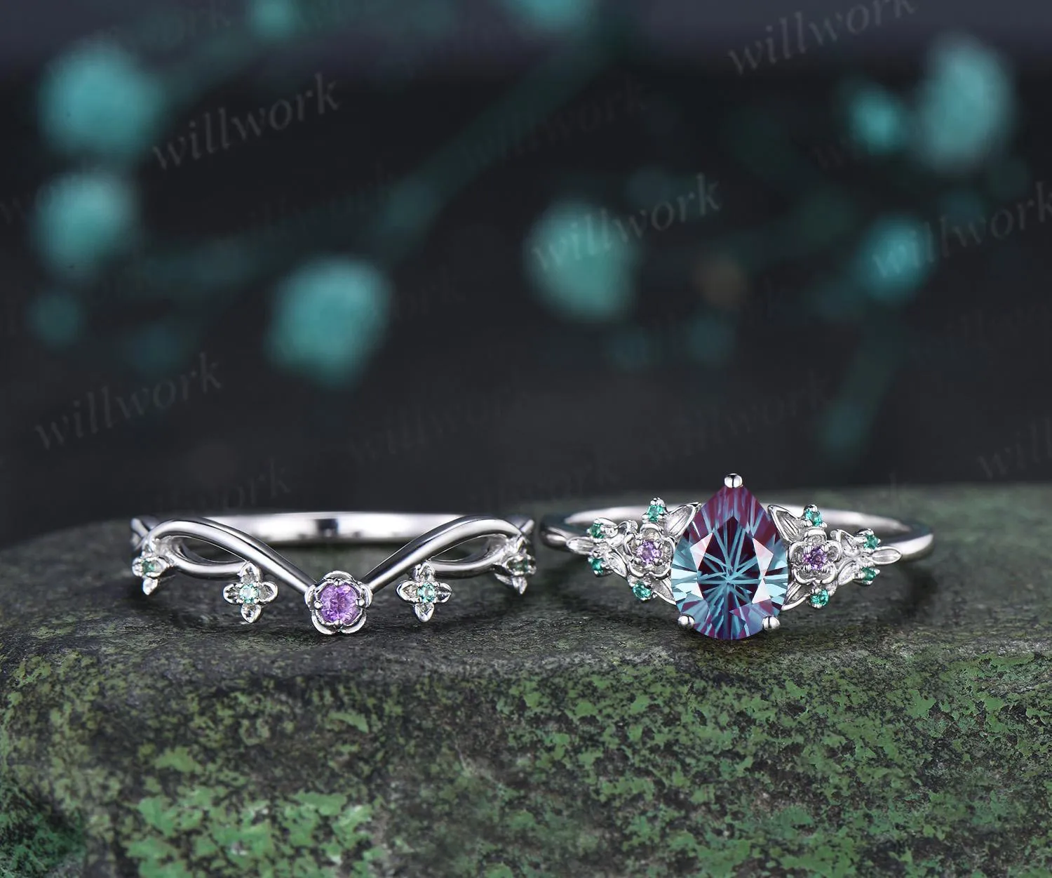 Teardrop pear fireworks cut alexandrite engagement ring 14k white gold floral leaf emerald wedding bridal ring set anniversary gift sold by Willwork Jewelry product image thumbnail 3