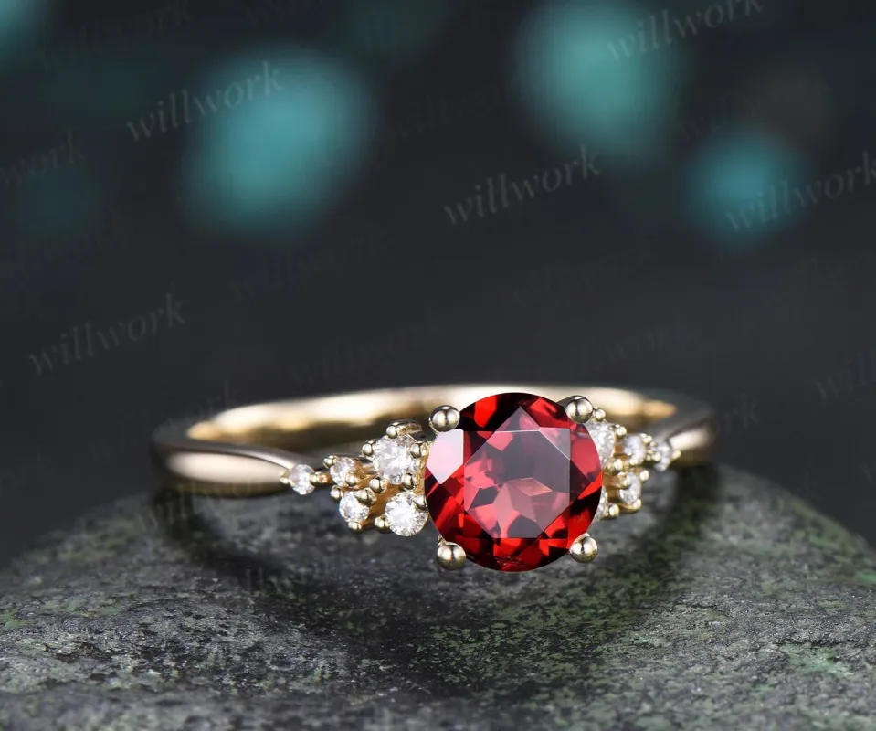 1ct round cut red garnet ring gold snowdrift unique engagement ring cluster diamond wedding promise ring women made by Willwork Jewelry