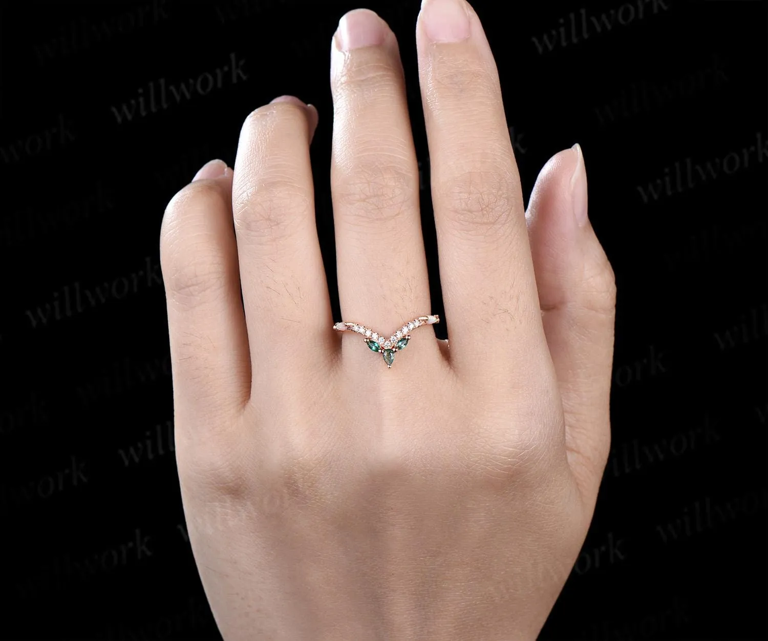 Pear moss agate wedding band rose gold curved marquise emerald opal half eternity moissanite wedding ring women gift sold by Willwork Jewelry product image thumbnail 2