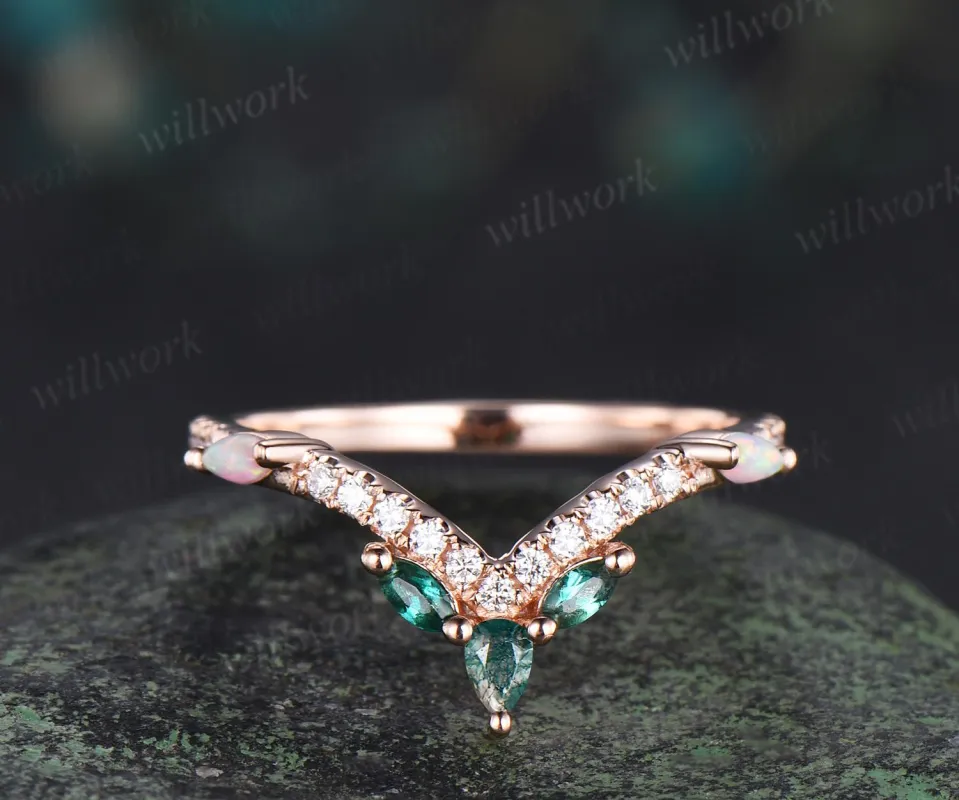 Pear moss agate wedding band rose gold curved marquise emerald opal half eternity moissanite wedding ring women gift made by Willwork Jewelry