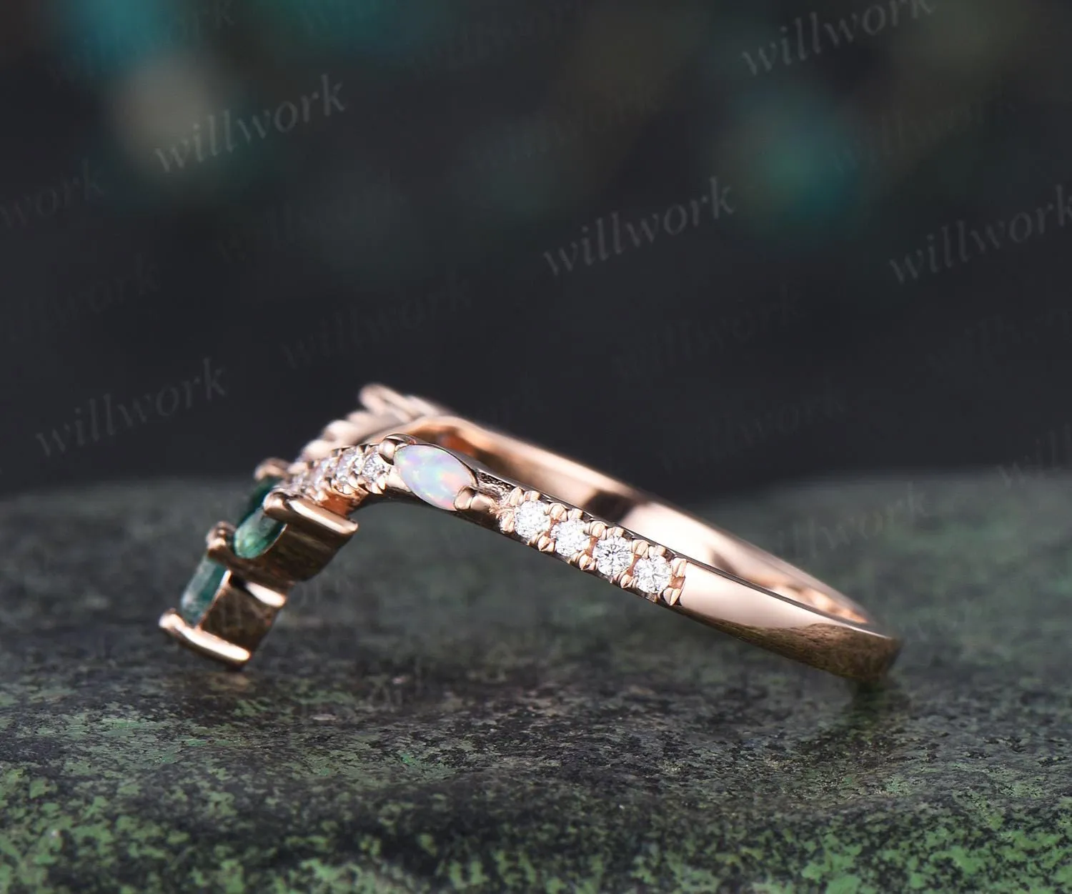 Pear moss agate wedding band rose gold curved marquise emerald opal half eternity moissanite wedding ring women gift sold by Willwork Jewelry product image thumbnail 5