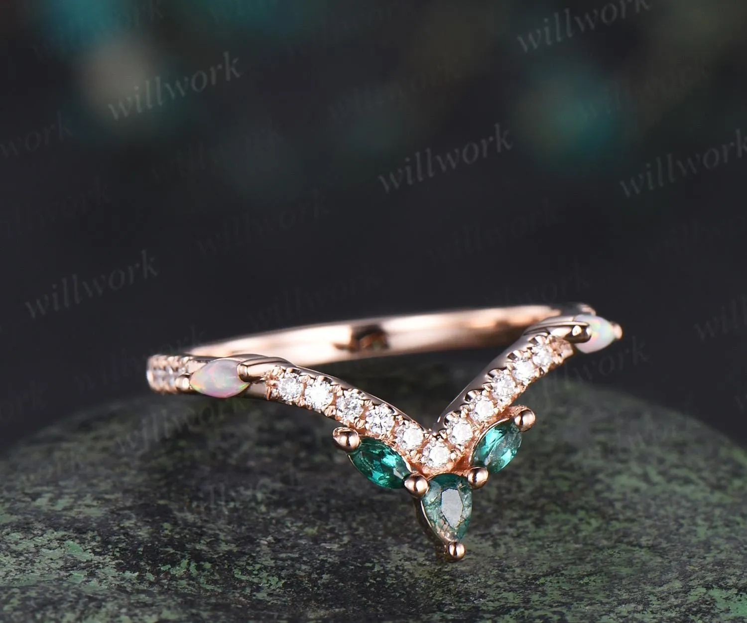 Pear moss agate wedding band rose gold curved marquise emerald opal half eternity moissanite wedding ring women gift sold by Willwork Jewelry product image thumbnail 3