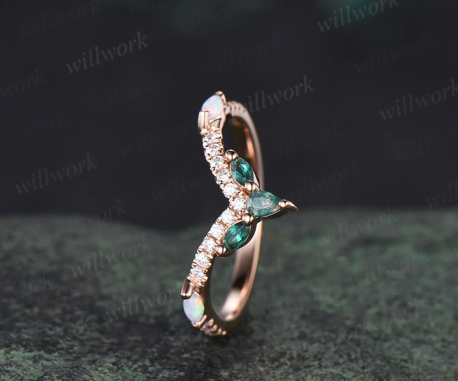 Pear moss agate wedding band rose gold curved marquise emerald opal half eternity moissanite wedding ring women gift sold by Willwork Jewelry product image thumbnail 4