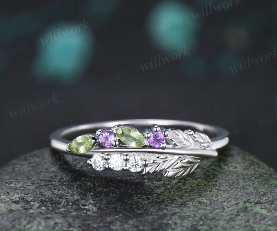Unique Peridot Amethyst Leaf Wedding Ring Moissanite Stacking Ring Nature Inspired Wedding Band for Her made by Willwork Jewelry