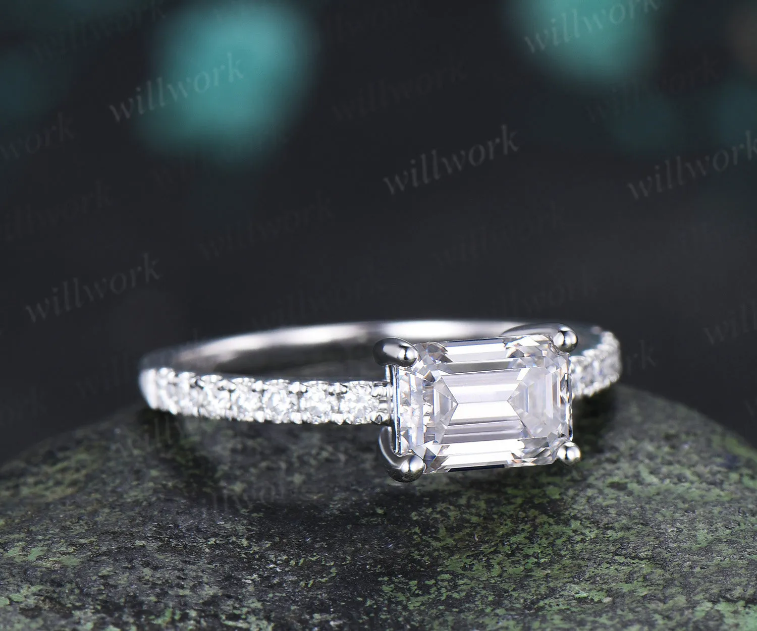 East to West Emerald Cut Moissanite Engagement Ring Moissanite Half Eternity Promise Ring Anniversary Gifts sold by Willwork Jewelry product image thumbnail 5