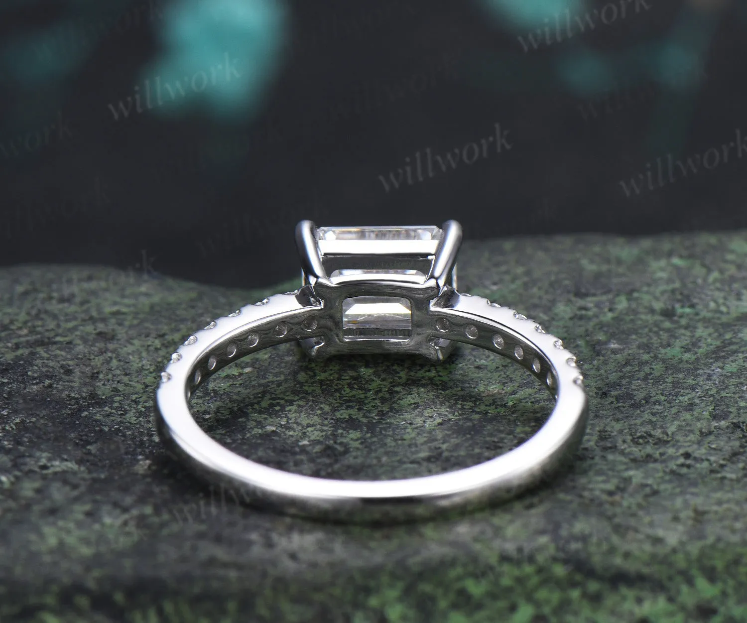 East to West Emerald Cut Moissanite Engagement Ring Moissanite Half Eternity Promise Ring Anniversary Gifts sold by Willwork Jewelry product image thumbnail 3