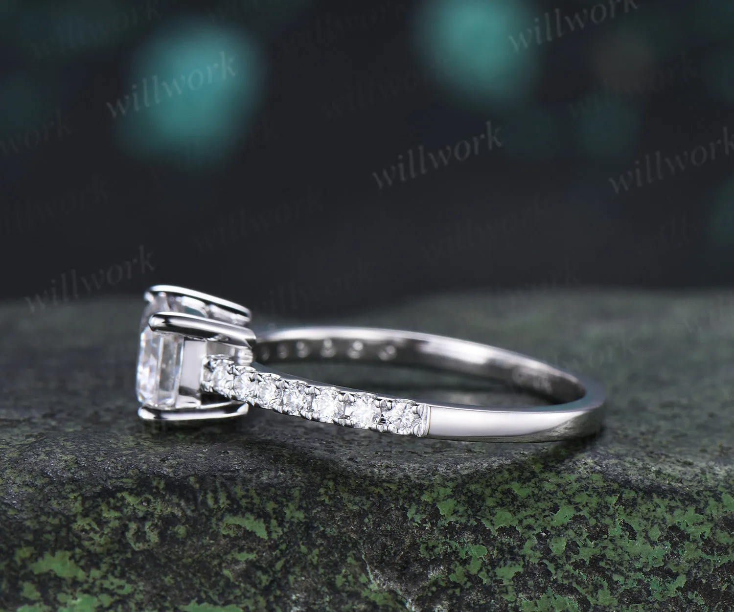 East to West Emerald Cut Moissanite Engagement Ring Moissanite Half Eternity Promise Ring Anniversary Gifts sold by Willwork Jewelry product image thumbnail 4