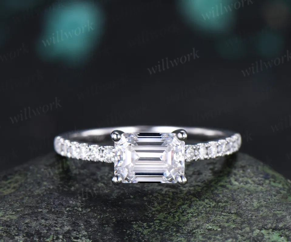 East to West Emerald Cut Moissanite Engagement Ring Moissanite Half Eternity Promise Ring Anniversary Gifts made by Willwork Jewelry