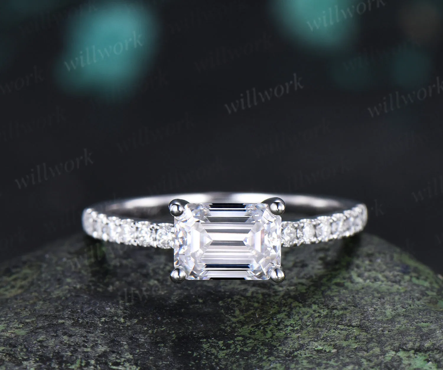 East to West Emerald Cut Moissanite Engagement Ring Moissanite Half Eternity Promise Ring Anniversary Gifts sold by Willwork Jewelry