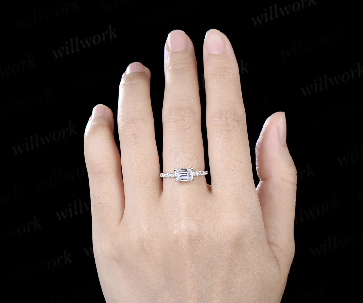 East to West Emerald Cut Moissanite Engagement Ring Moissanite Half Eternity Promise Ring Anniversary Gifts sold by Willwork Jewelry product image thumbnail 2