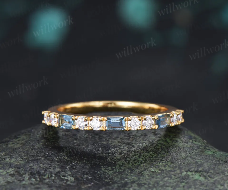 Baguette London Blue Topaz Moissanite Wedding Band Half Eternity Stacking Ring Gifts for Women made by Willwork Jewelry
