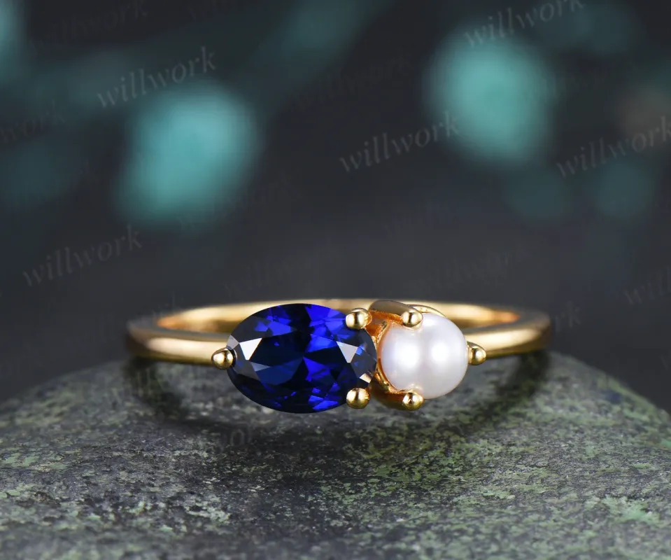 Toi et Moi Oval Cut Sapphire Pearl Engagement Ring Two Birthstone Couple Bestie Ring Anniversary Gifts made by Willwork Jewelry