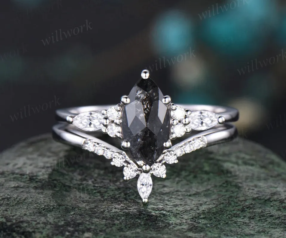 Unique marquise cut salt and pepper diamond engagement ring set seven stone moissanite accent promise ring bridal set made by Willwork Jewelry