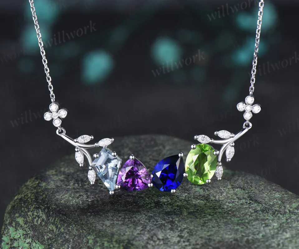 Nature Inspired Aqumarine Amethyst Sapphire Peridot Necklace Leaf Twig Pendant Unique Family Bestie Birthstone Necklace made by Willwork Jewelry