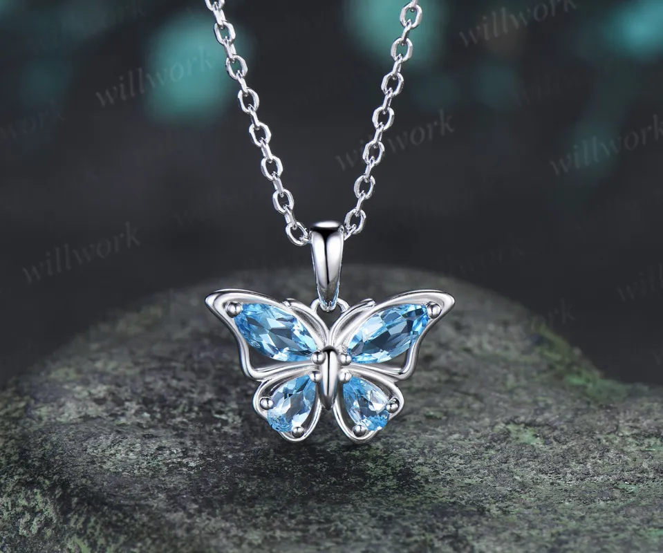 Marquise Pear Swiss Blue Topaz Butterfly Necklace Elegant Pendant Gift for Her Nature Inspired Jewelry made by Willwork Jewelry