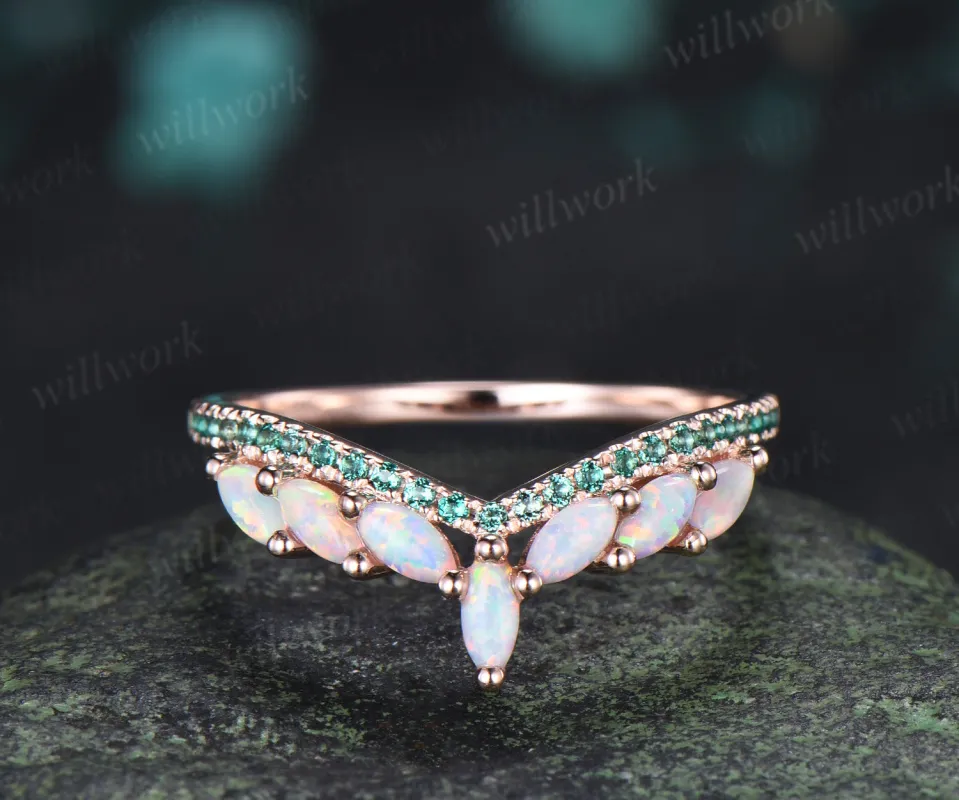 Marquise Cut Opal Emerald Wedding Band Half Eternity Band Curved Matching Ring made by Willwork Jewelry