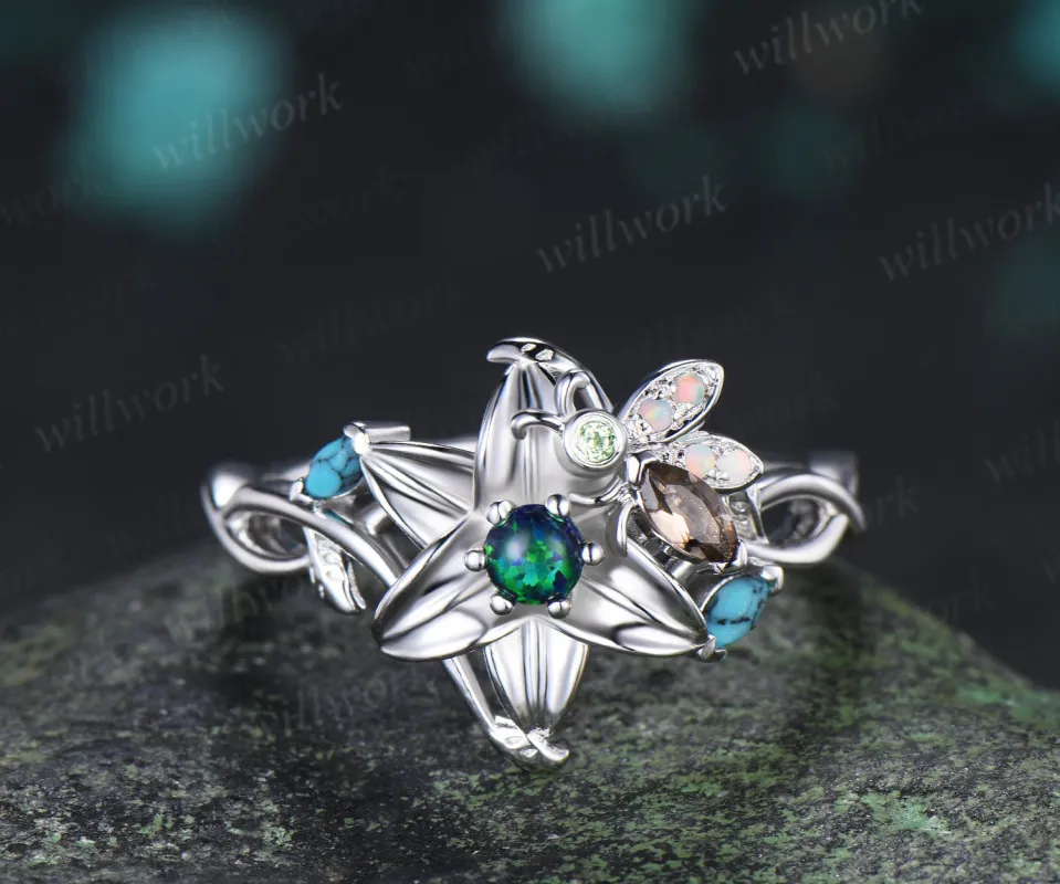 Round Black Opal Floral Engagement Ring Leaf Lily Flower Tiny Bee Infinity Band Turquoise Opal Accent Art Deco Promise Ring made by Willwork Jewelry