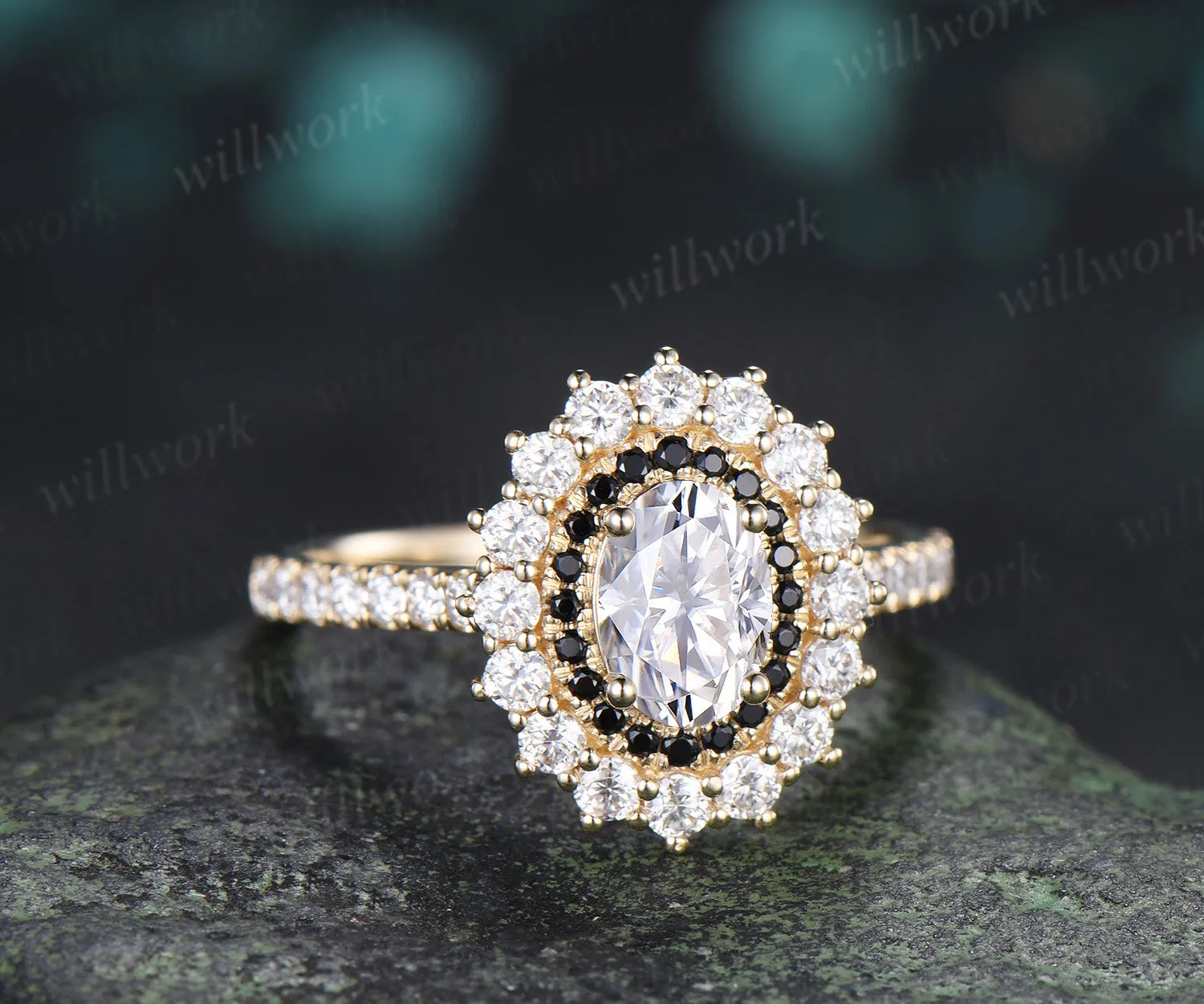Vintage Oval Cut Moissanite Engagement Ring Moissanite Black Spinel Double Halo Half Eternity Band Unique Promise Ring sold by Willwork Jewelry product image thumbnail 5