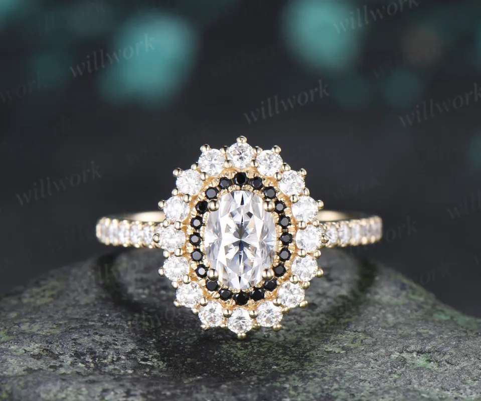 Vintage Oval Cut Moissanite Engagement Ring Moissanite Black Spinel Double Halo Half Eternity Band Unique Promise Ring made by Willwork Jewelry