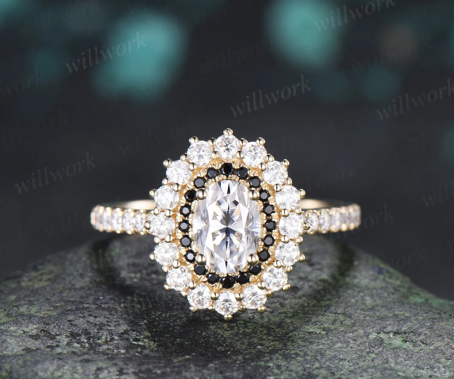 Vintage Oval Cut Moissanite Engagement Ring Moissanite Black Spinel Double Halo Half Eternity Band Unique Promise Ring sold by Willwork Jewelry