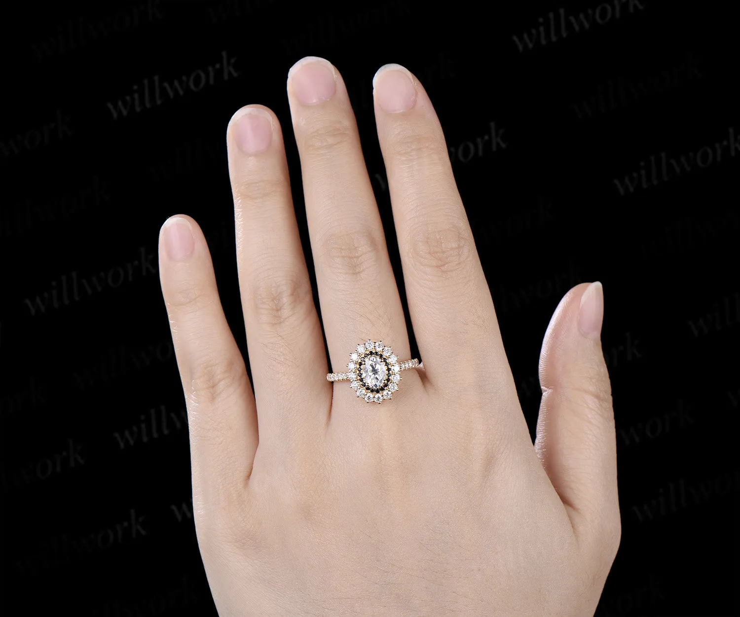 Vintage Oval Cut Moissanite Engagement Ring Moissanite Black Spinel Double Halo Half Eternity Band Unique Promise Ring sold by Willwork Jewelry product image thumbnail 2