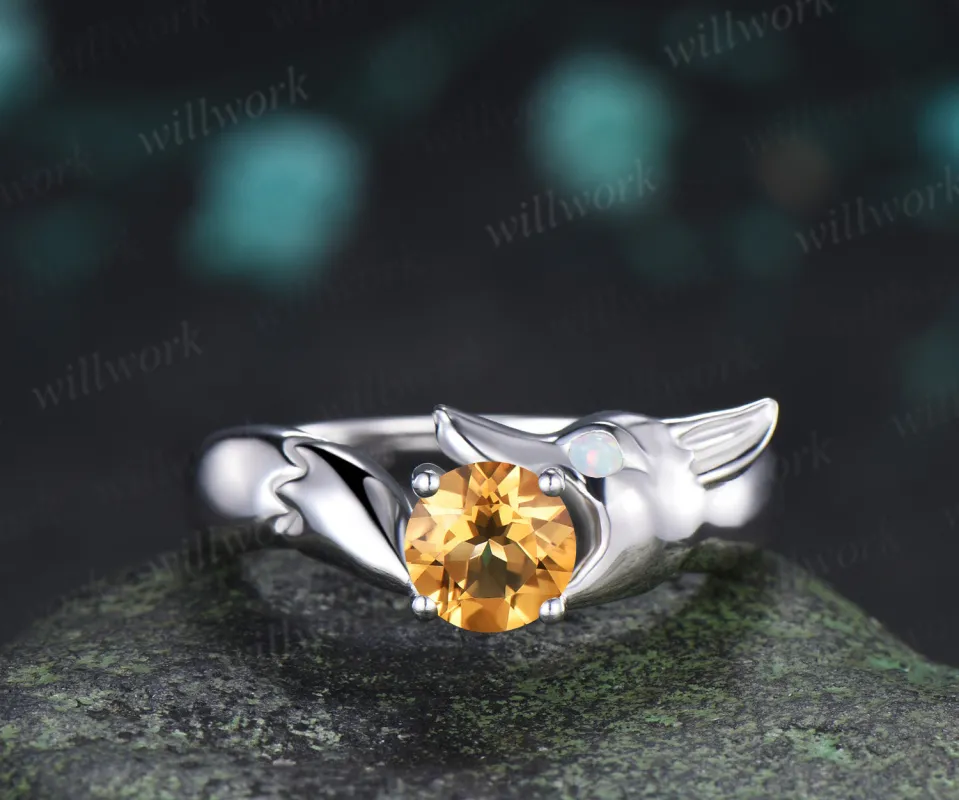 Fox Design Round Citrine Engagement Ring Unique Animal Promise Ring Opal Accent Wedding Jewelry made by Willwork Jewelry
