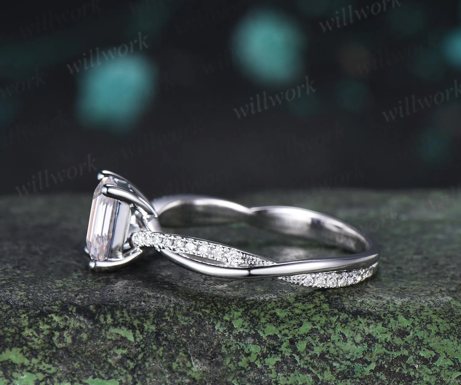 Emerald cut moissanite engagement ring white gold retro 3/4 eternity infinity diamond wedding promise ring her jewelry sold by Willwork Jewelry product image thumbnail 5