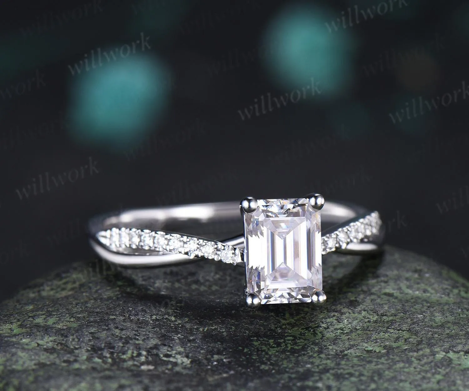 Emerald cut moissanite engagement ring white gold retro 3/4 eternity infinity diamond wedding promise ring her jewelry sold by Willwork Jewelry product image thumbnail 2