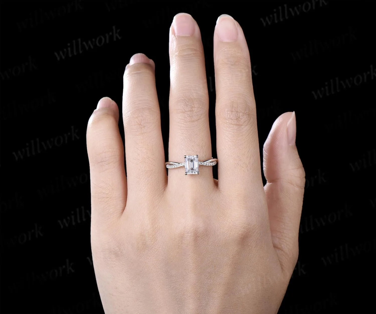 Emerald cut moissanite engagement ring white gold retro 3/4 eternity infinity diamond wedding promise ring her jewelry sold by Willwork Jewelry product image thumbnail 3