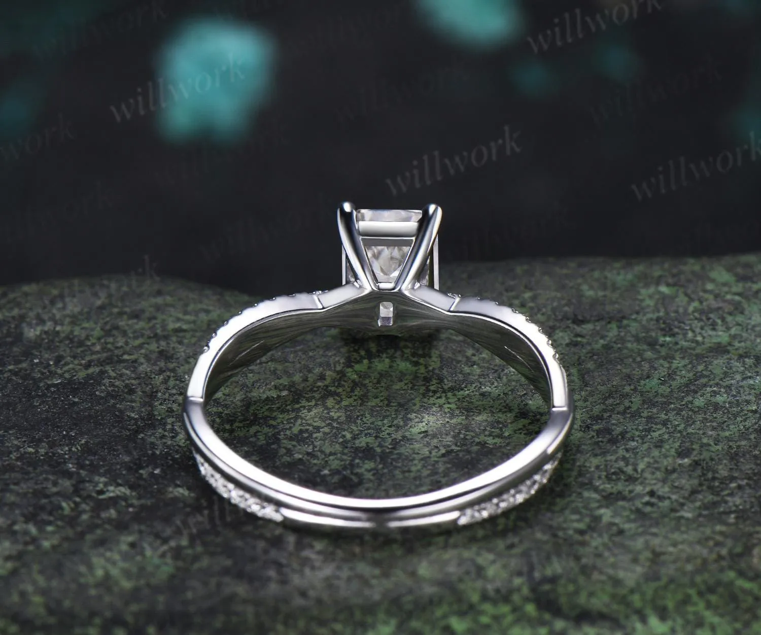 Emerald cut moissanite engagement ring white gold retro 3/4 eternity infinity diamond wedding promise ring her jewelry sold by Willwork Jewelry product image thumbnail 4