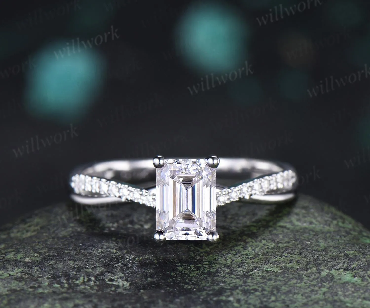 Emerald cut moissanite engagement ring white gold retro 3/4 eternity infinity diamond wedding promise ring her jewelry sold by Willwork Jewelry