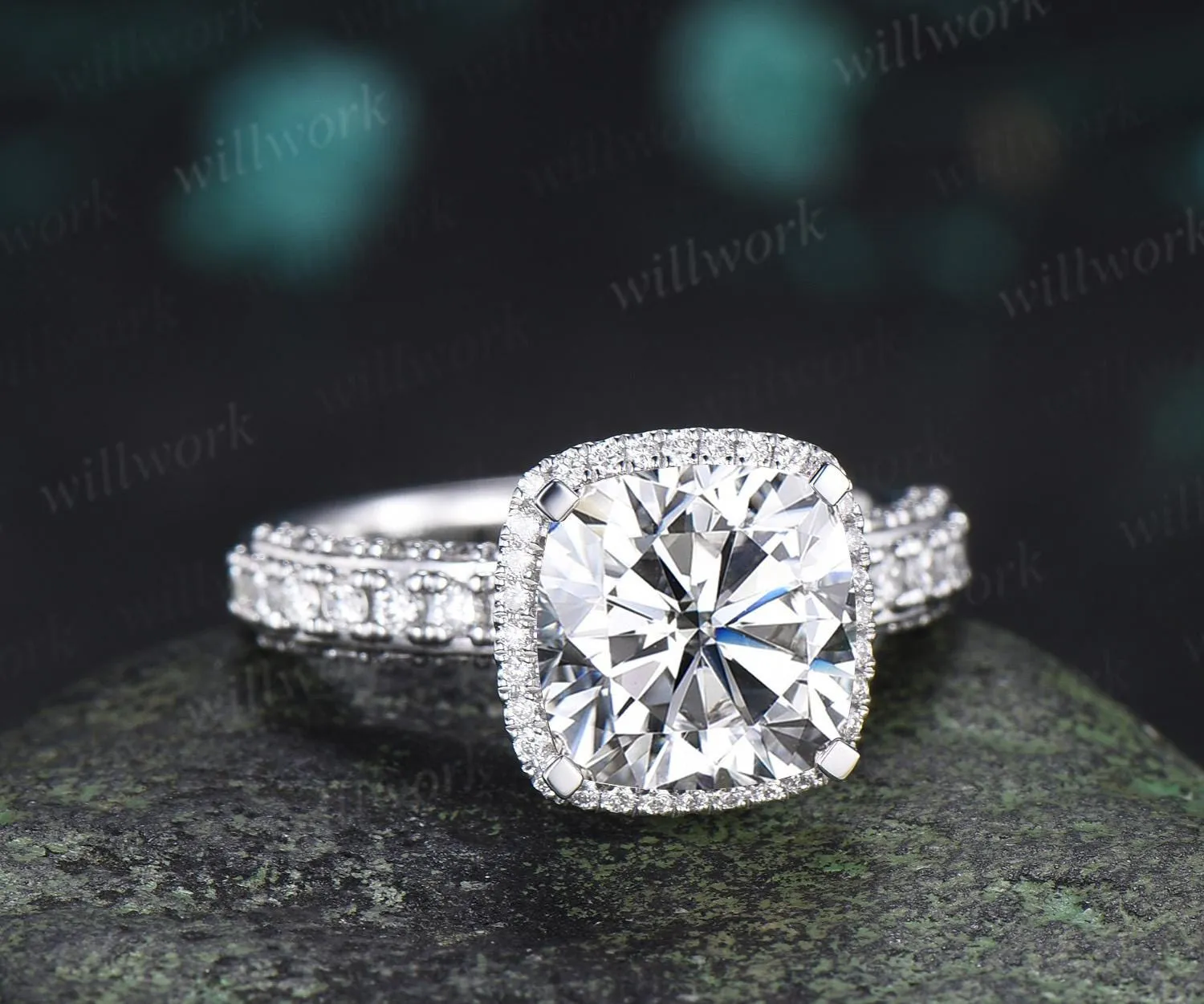 3ct cushion cut moissanite engagement ring vintage half eternity double hidden halo wedding promise ring women fine jewelry sold by Willwork Jewelry product image thumbnail 3