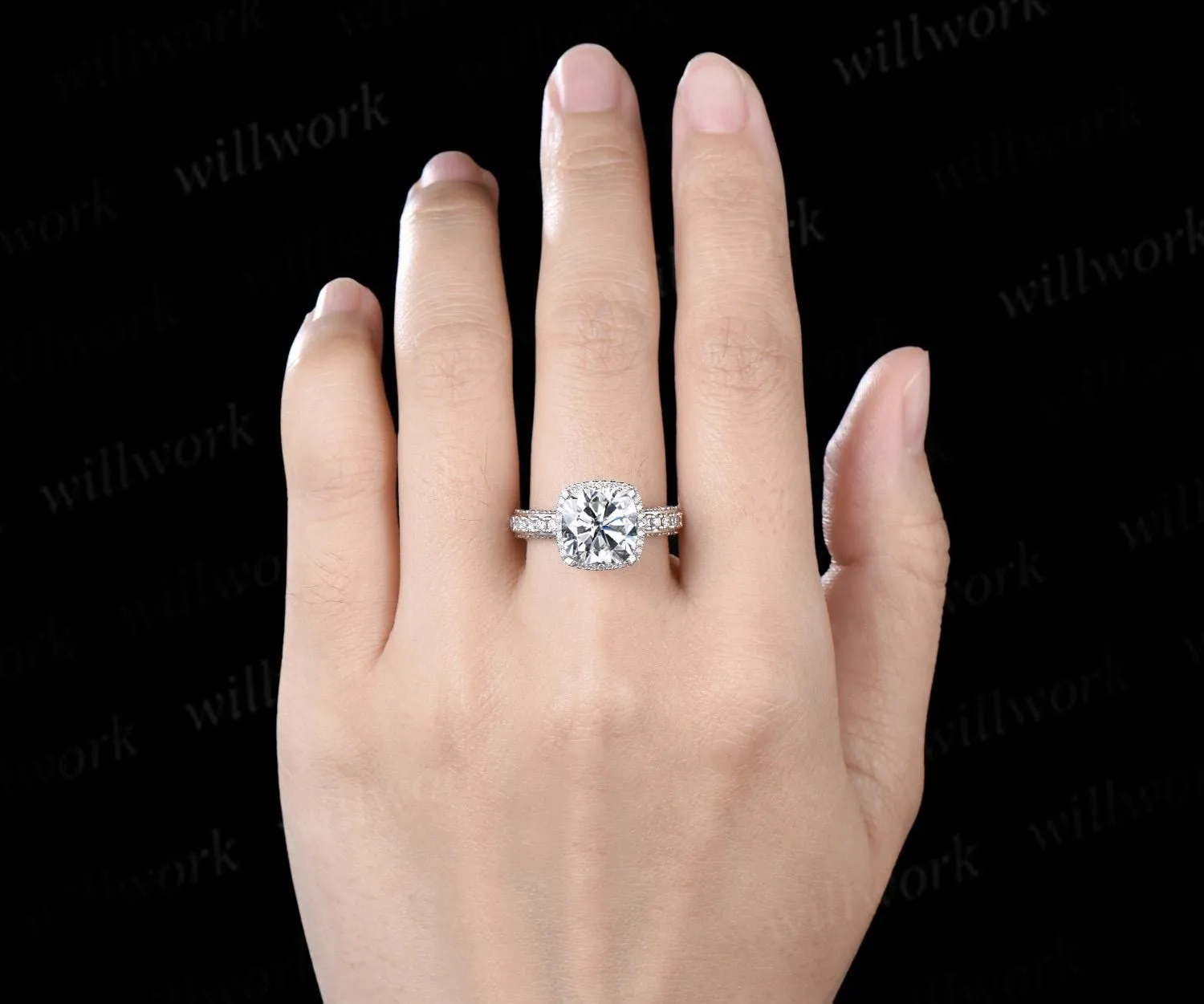 3ct cushion cut moissanite engagement ring vintage half eternity double hidden halo wedding promise ring women fine jewelry sold by Willwork Jewelry product image thumbnail 4