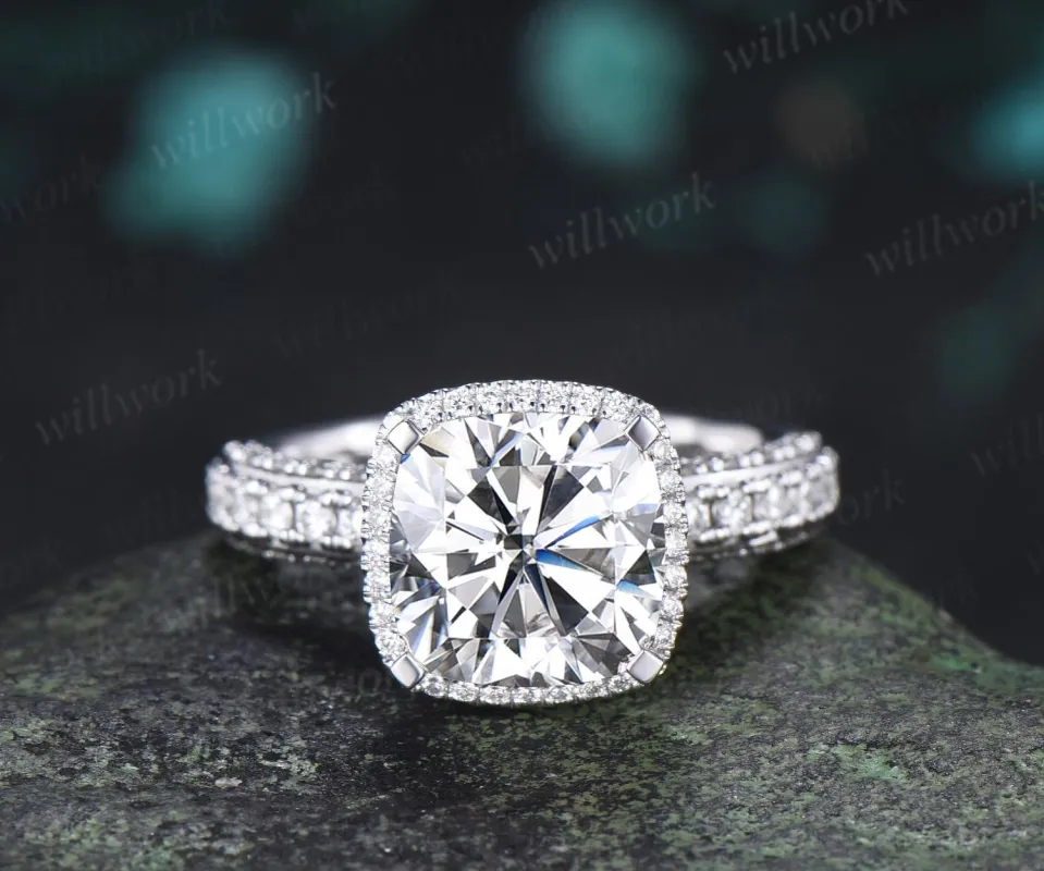 3ct cushion cut moissanite engagement ring vintage half eternity double hidden halo wedding promise ring women fine jewelry made by Willwork Jewelry
