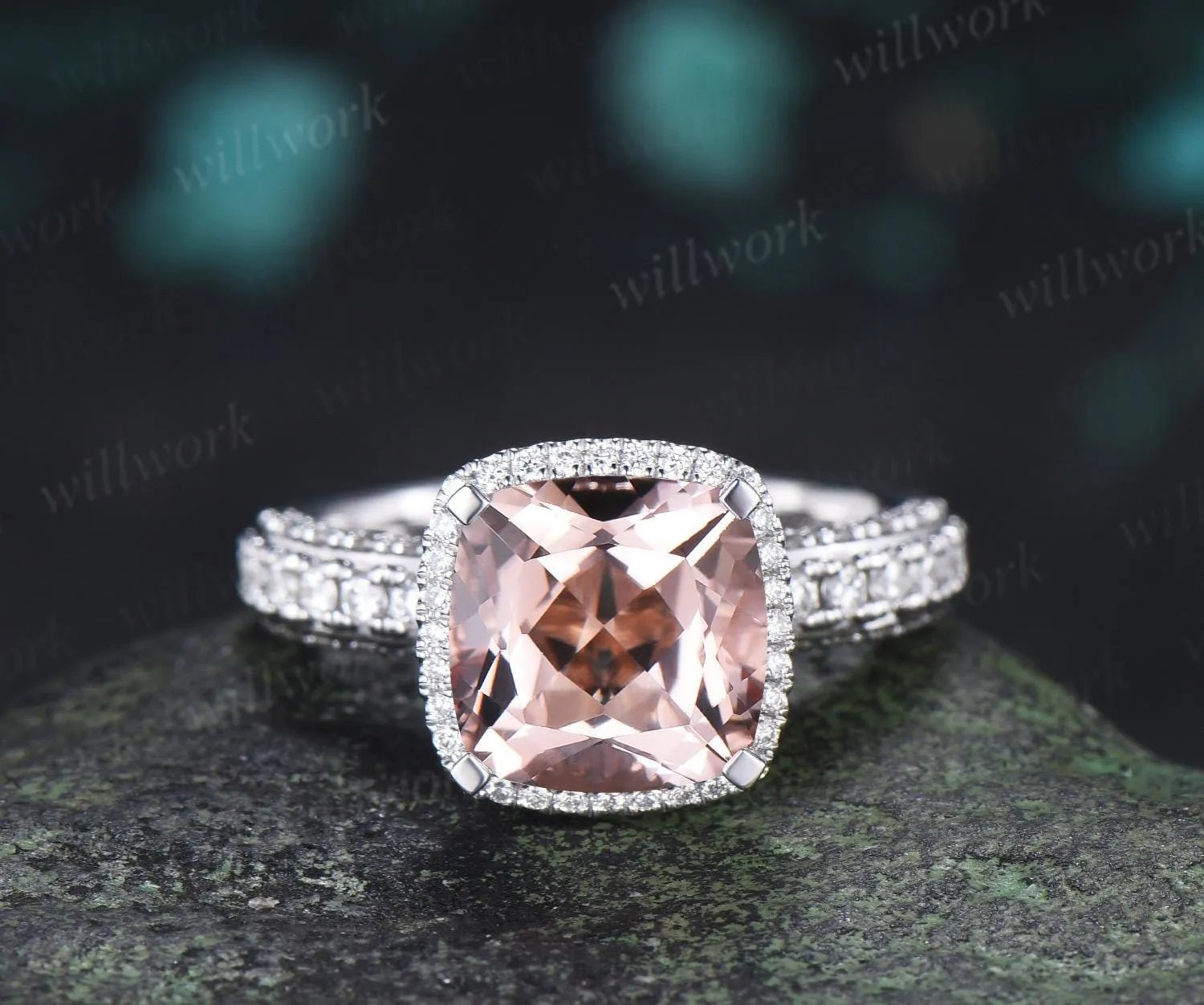 3ct cushion cut morganite engagement ring vintage half eternity hidden halo moissanite wedding promise ring women fine jewelry sold by Willwork Jewelry product image thumbnail 4