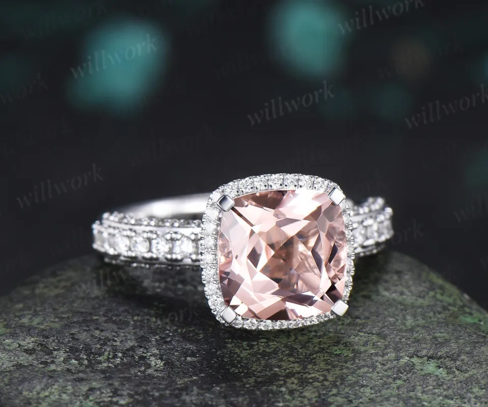 3ct cushion cut morganite engagement ring vintage half eternity hidden halo moissanite wedding promise ring women fine jewelry made by Willwork Jewelry