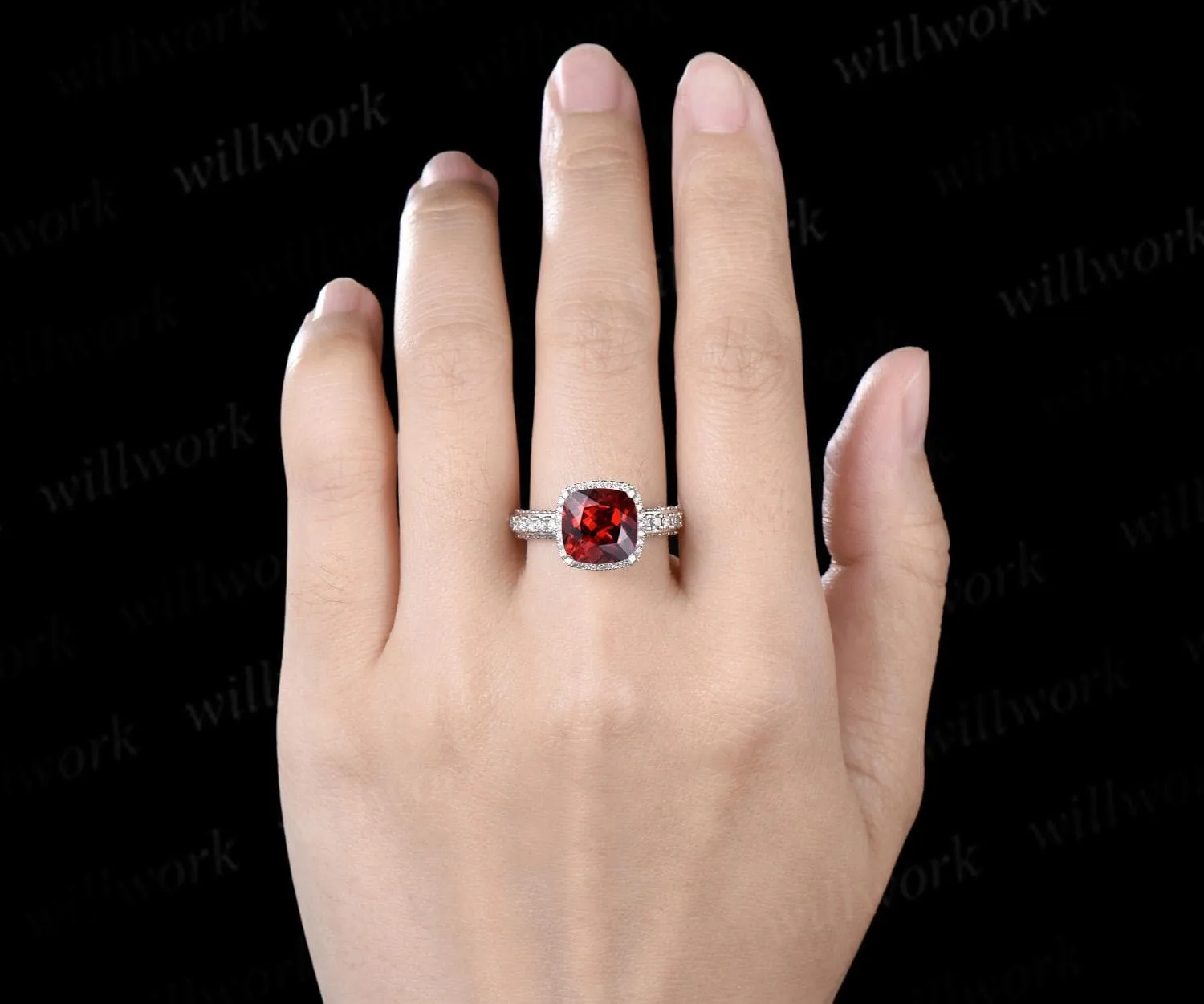 3ct cushion cut red garnet engagement ring vintage half eternity hidden halo moissanite wedding promise ring women fine jewelry sold by Willwork Jewelry product image thumbnail 4