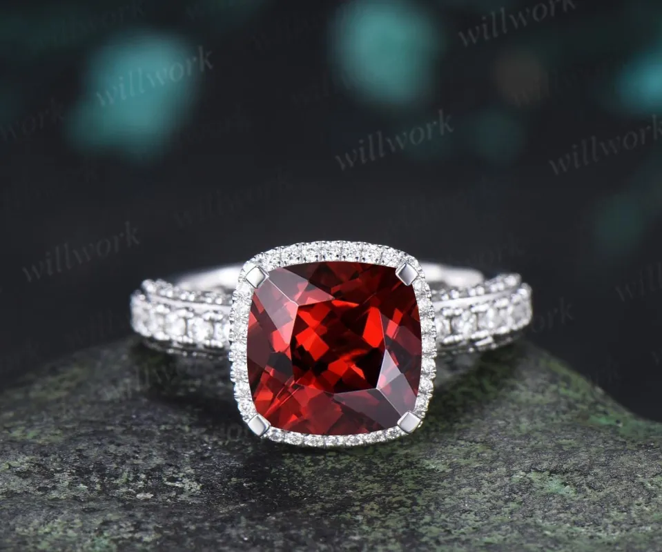 3ct cushion cut red garnet engagement ring vintage half eternity hidden halo moissanite wedding promise ring women fine jewelry made by Willwork Jewelry