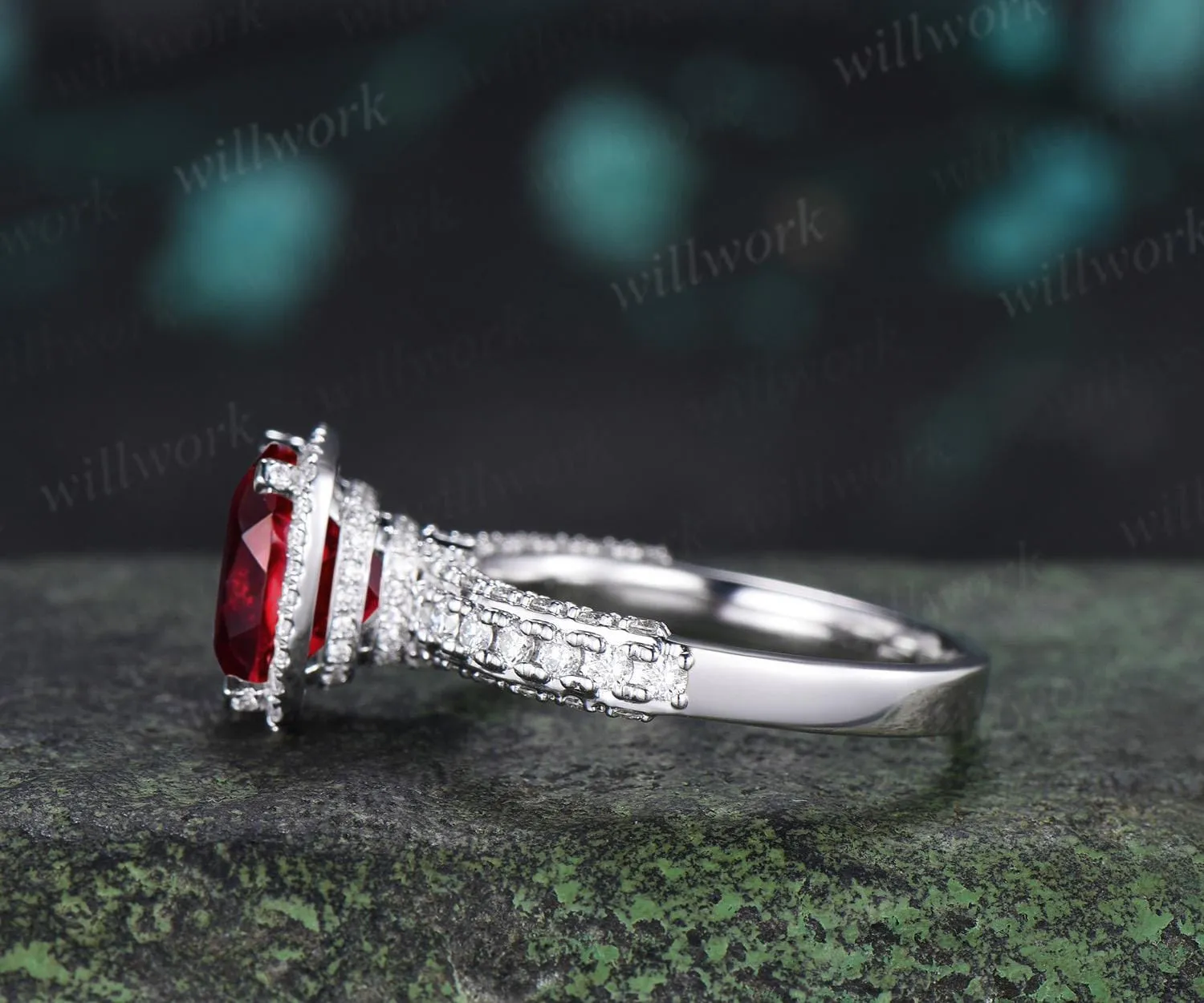 3ct cushion cut red garnet engagement ring vintage half eternity hidden halo moissanite wedding promise ring women fine jewelry sold by Willwork Jewelry product image thumbnail 5