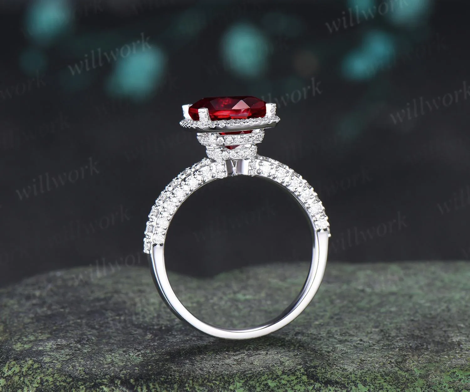 3ct cushion cut red garnet engagement ring vintage half eternity hidden halo moissanite wedding promise ring women fine jewelry sold by Willwork Jewelry product image thumbnail 2