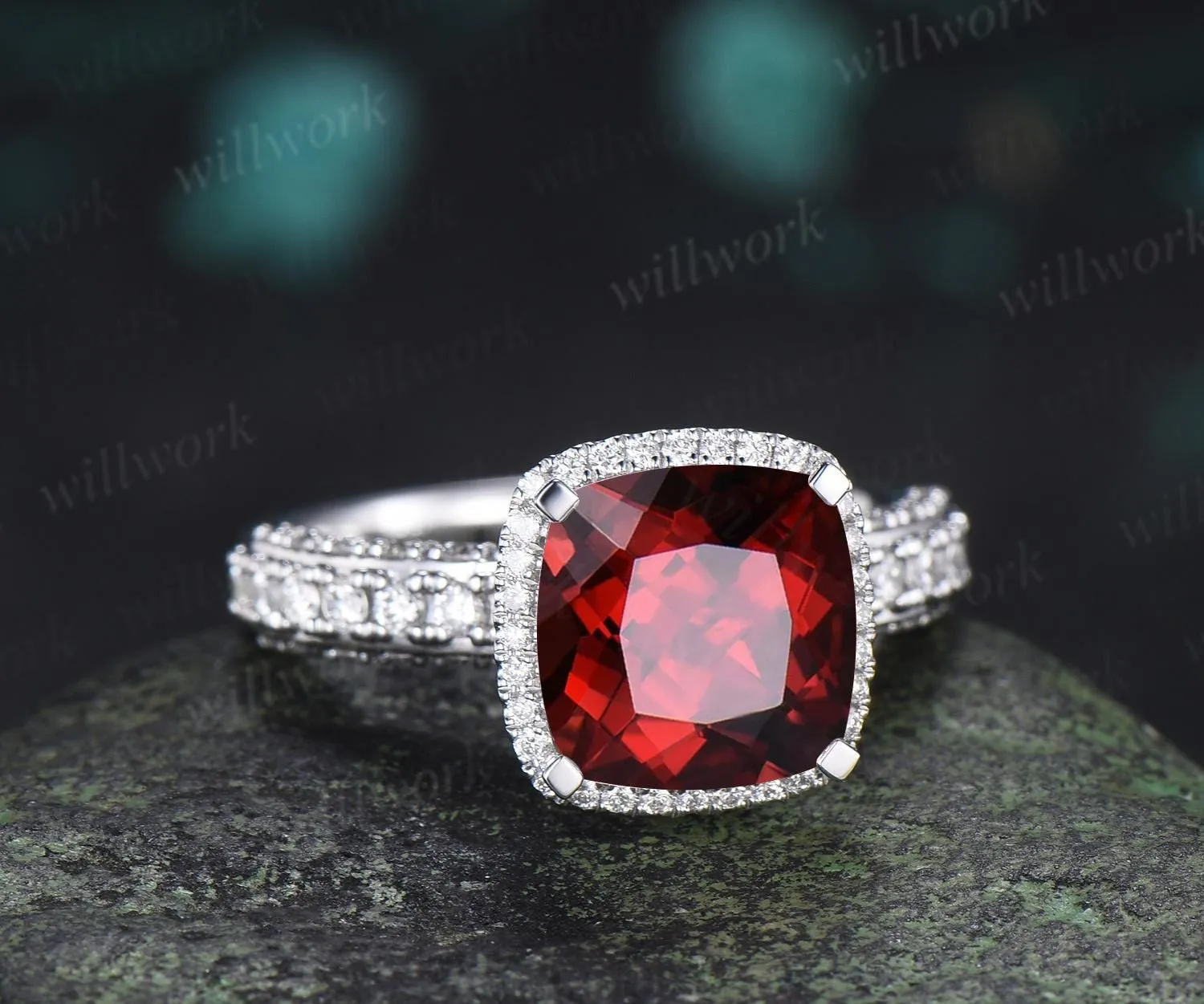 3ct cushion cut red garnet engagement ring vintage half eternity hidden halo moissanite wedding promise ring women fine jewelry sold by Willwork Jewelry product image thumbnail 3
