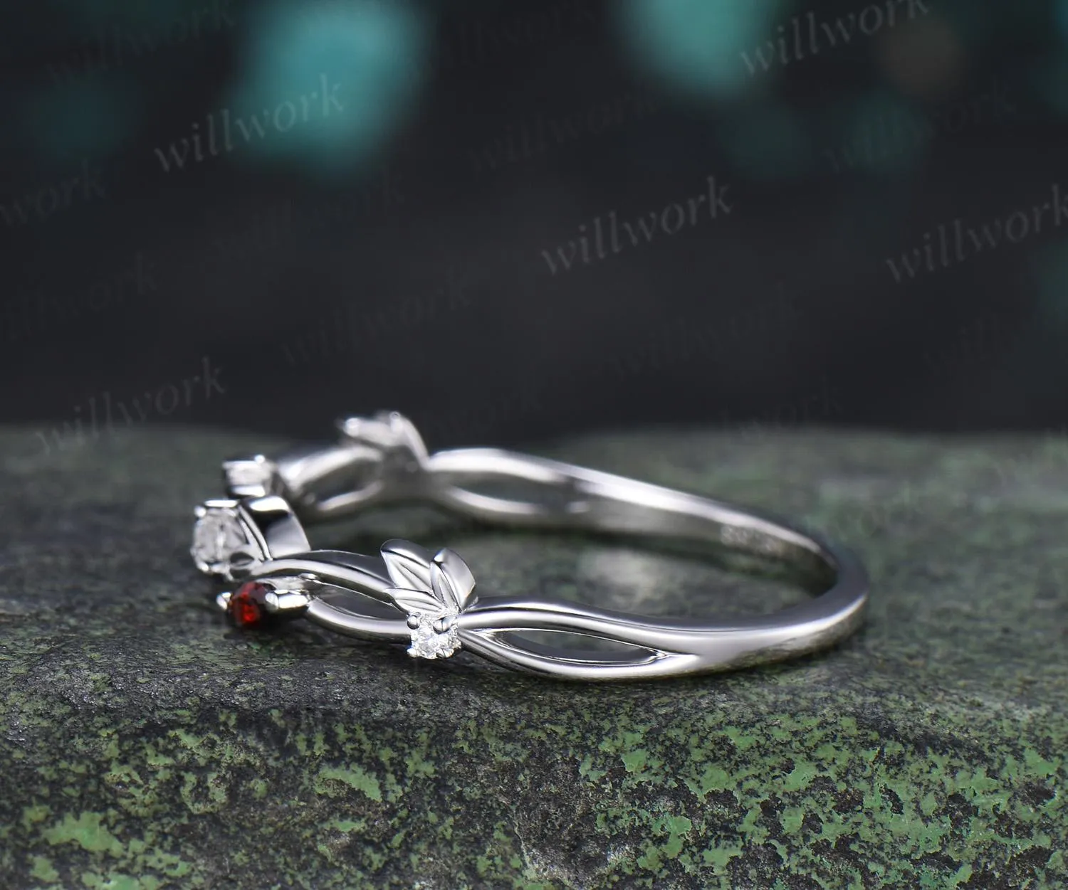 Leaf infinity garnet wedding band vintage 14k white gold moissanite matching stacking bridal wedding ring women anniversary gift sold by Willwork Jewelry product image thumbnail 5