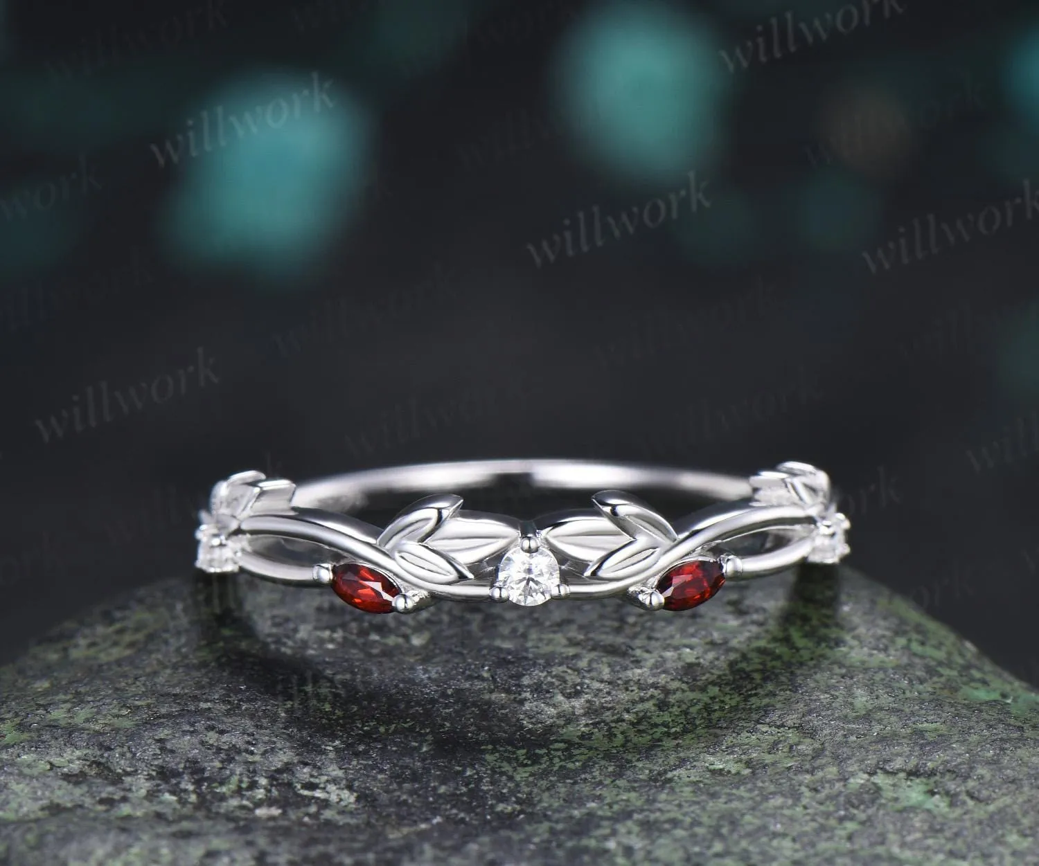 Leaf infinity garnet wedding band vintage 14k white gold moissanite matching stacking bridal wedding ring women anniversary gift sold by Willwork Jewelry product image thumbnail 2