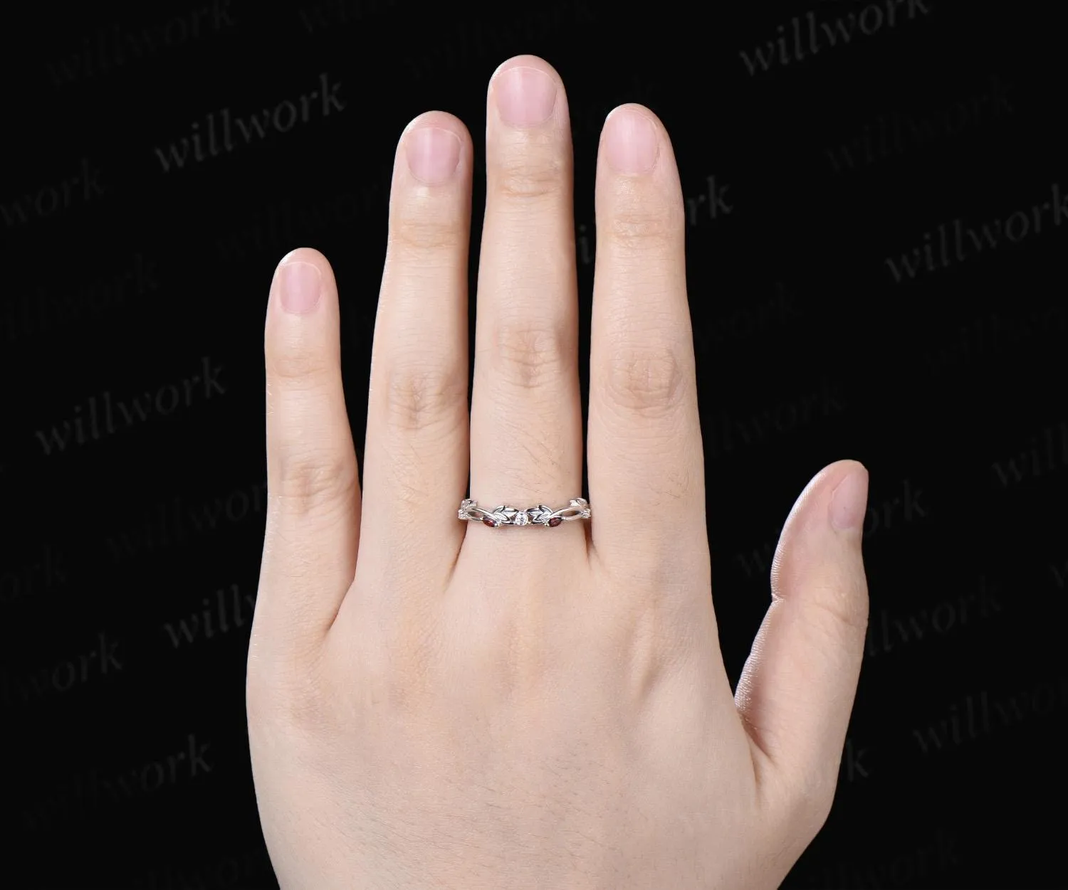 Leaf infinity garnet wedding band vintage 14k white gold moissanite matching stacking bridal wedding ring women anniversary gift sold by Willwork Jewelry product image thumbnail 3