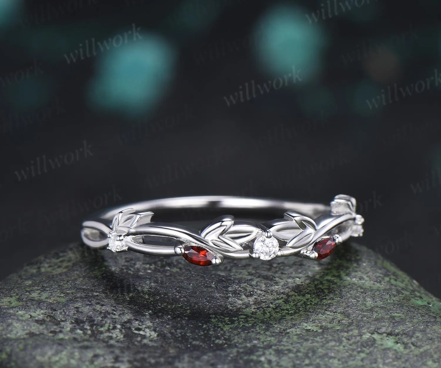 Leaf infinity garnet wedding band vintage 14k white gold moissanite matching stacking bridal wedding ring women anniversary gift sold by Willwork Jewelry product image thumbnail 4
