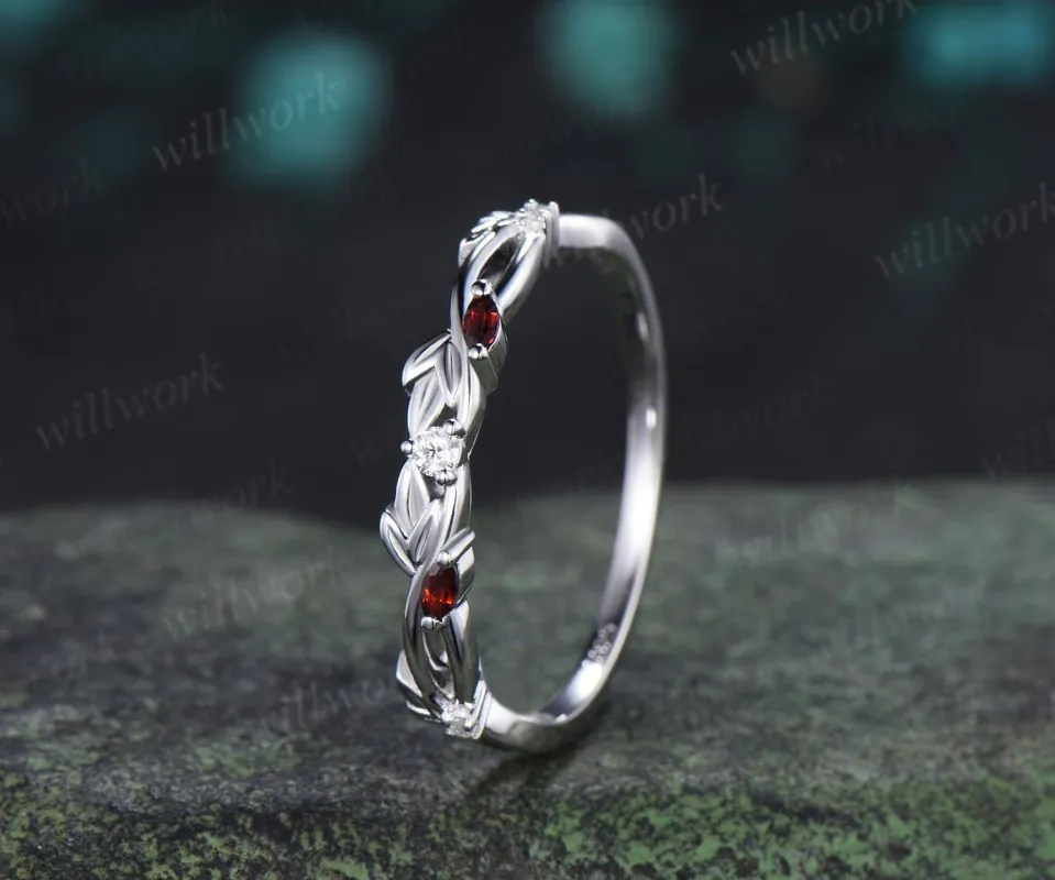 Leaf infinity garnet wedding band vintage 14k white gold moissanite matching stacking bridal wedding ring women anniversary gift made by Willwork Jewelry