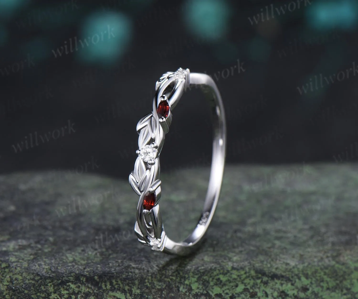 Leaf infinity garnet wedding band vintage 14k white gold moissanite matching stacking bridal wedding ring women anniversary gift sold by Willwork Jewelry