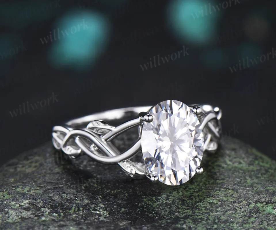 Oval cut moissanite ring white gold vintage solitaire leaf infinity nature inspired engagement ring women delicate anniversary gift made by Willwork Jewelry